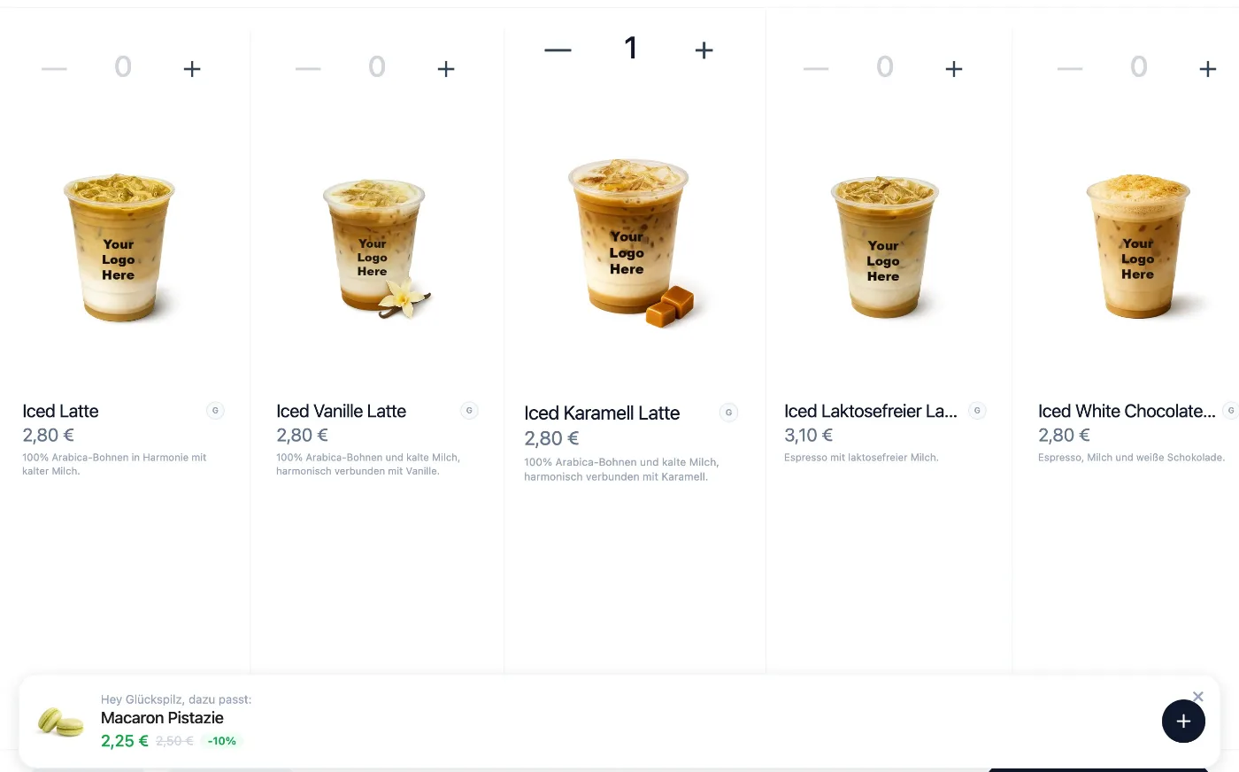Kiosk-Menü mit Iced Lattes. Unten schlägt Kova einen Macaron Pistazie für 2,25 € statt 2,50 € vor, 10 % Rabatt.