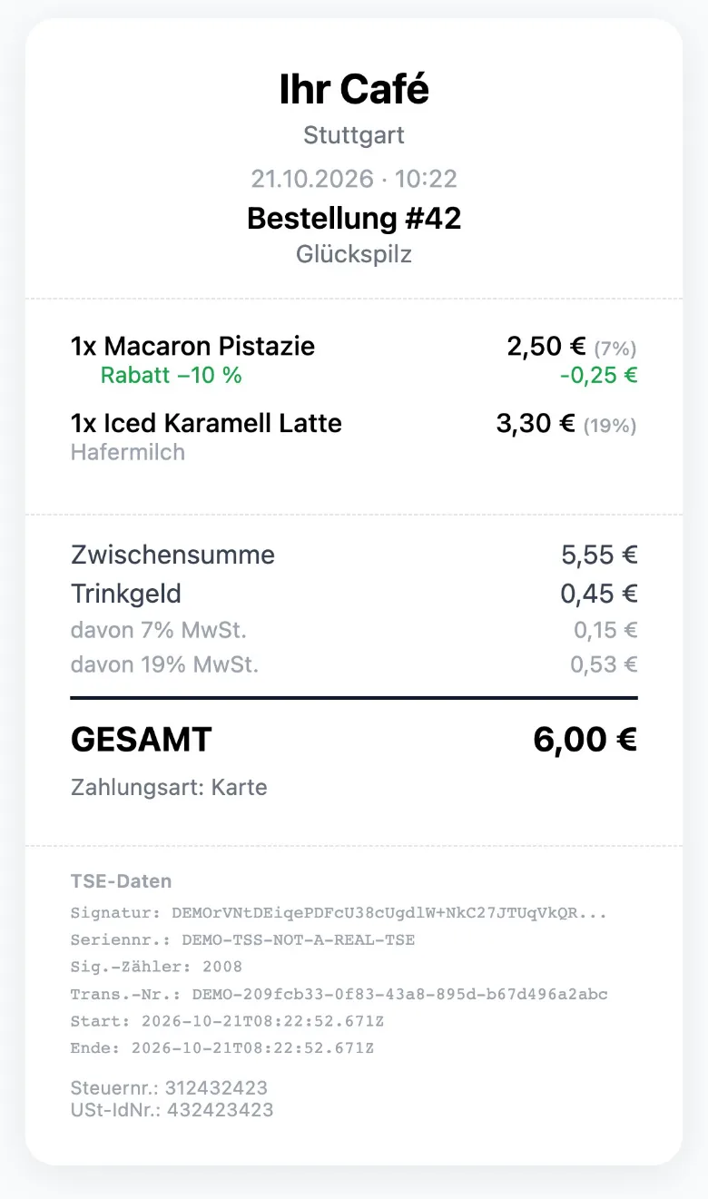 Digitaler Beleg mit Positionen, Rabatt, Trinkgeld, Gesamtsumme, MwSt. und TSE-Daten.